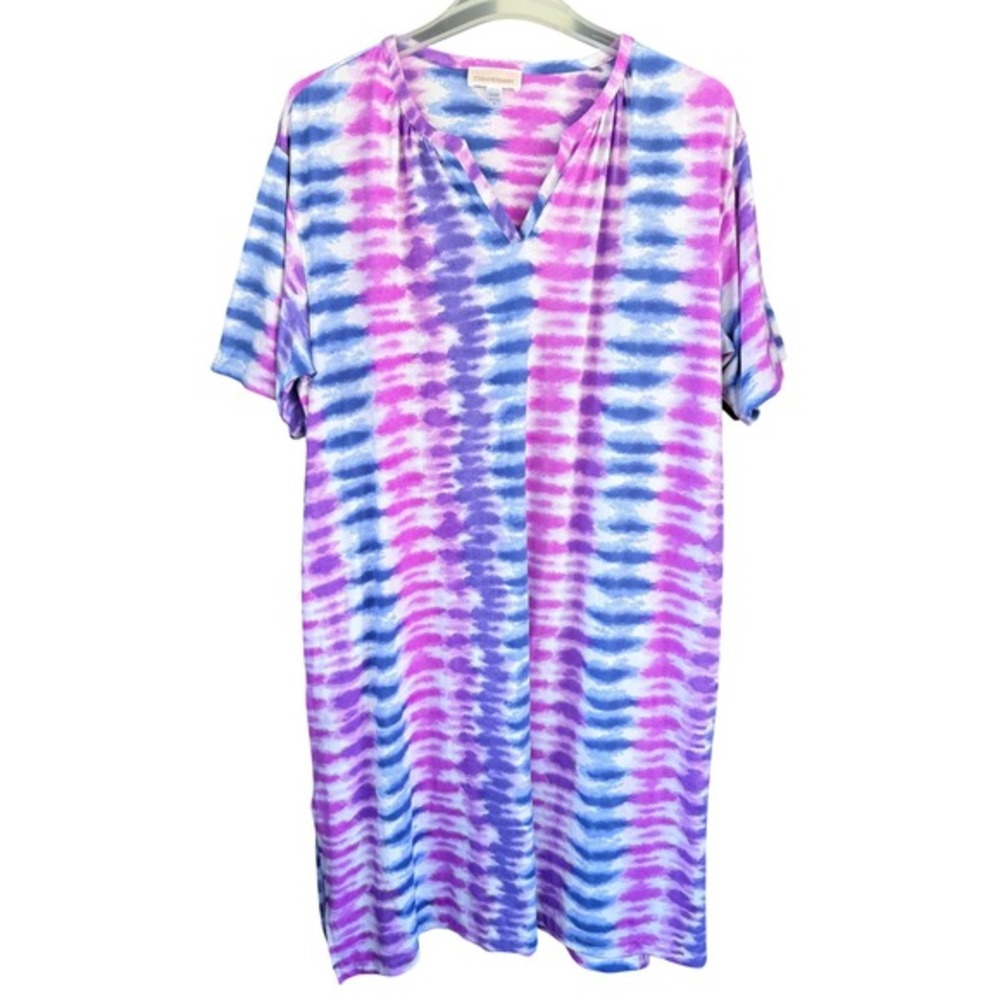 Stan Herman Tie Dye Lounge Dress V-Neck Short Sleeve Casual Comfy S‎